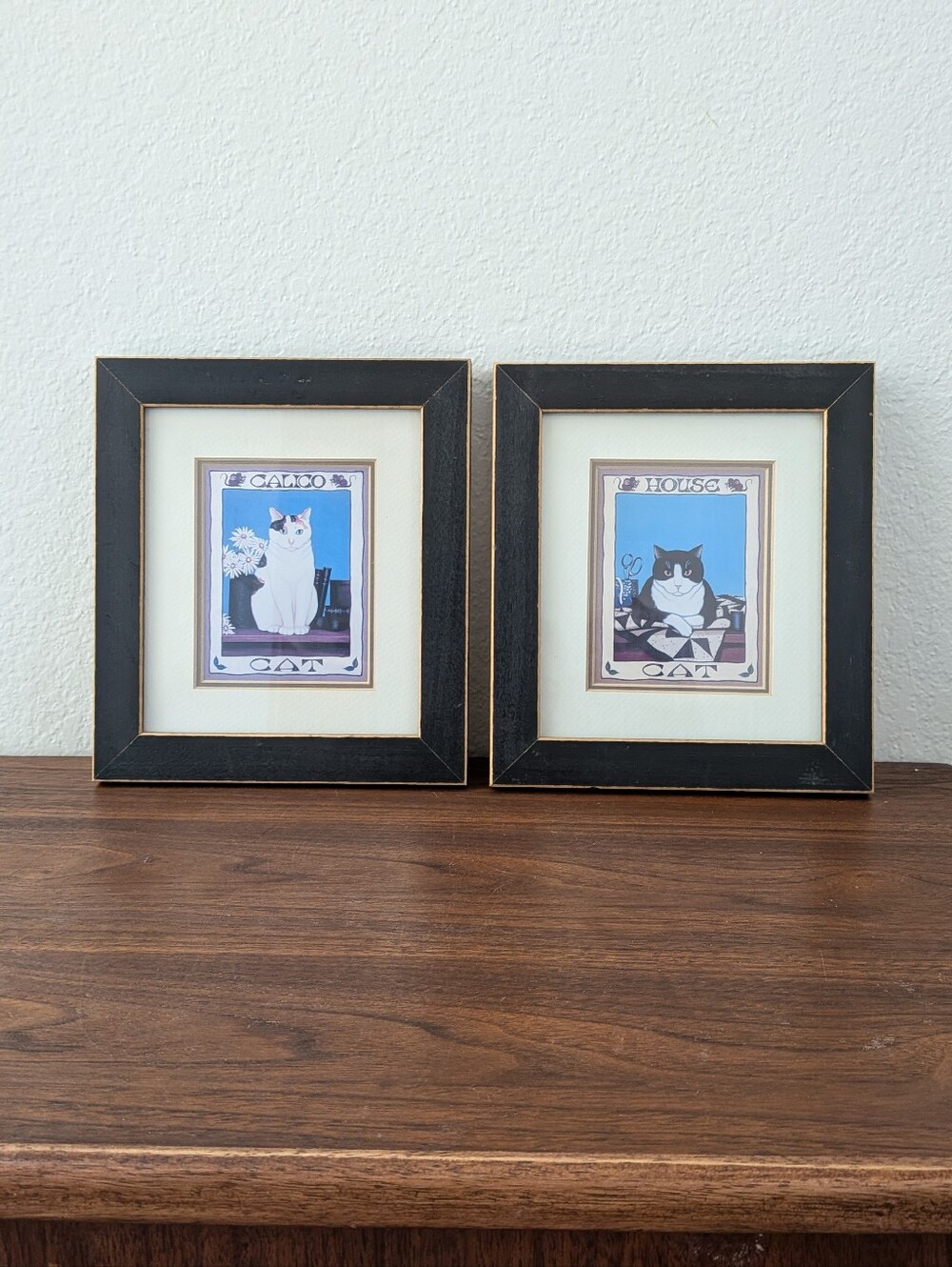 Set Of 2 Vintage Susan Powers Framed Cat Prints Art "Calico Cat", "House Cat"